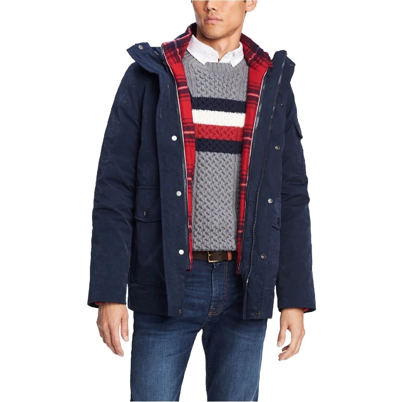 men's jackets with extended hem-Tommy Hilfiger Mens Hooded Plaid Jacket