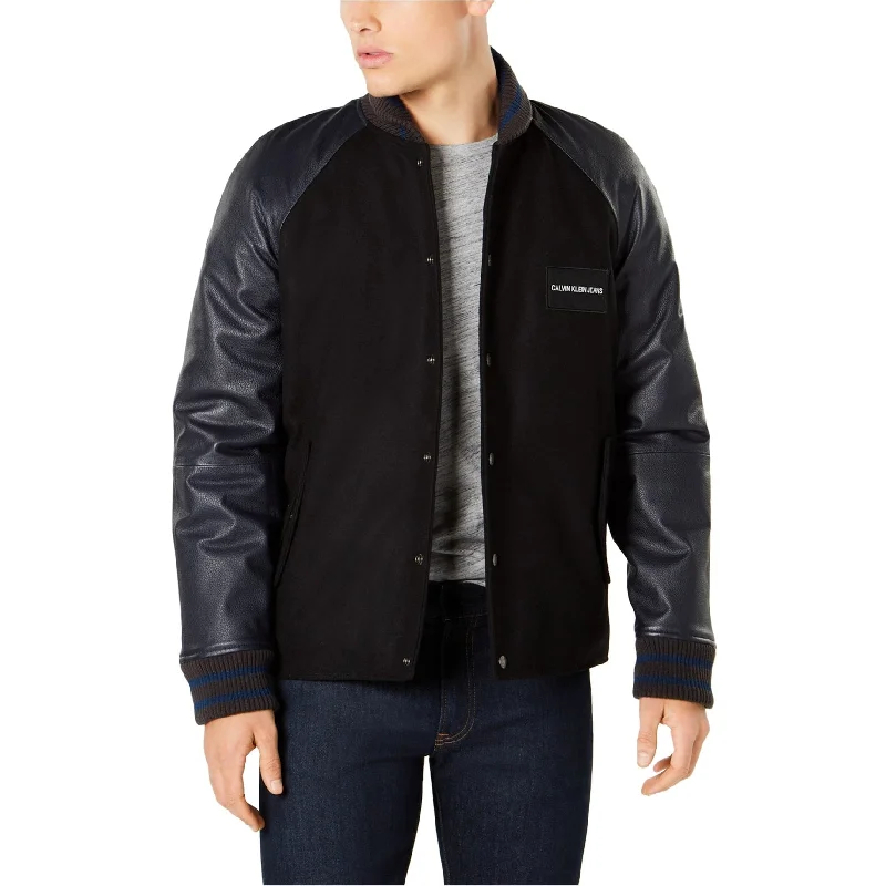 men's jackets with snap-button closure-Calvin Klein Mens Leather Sleeve Varsity Jacket, Black, Small