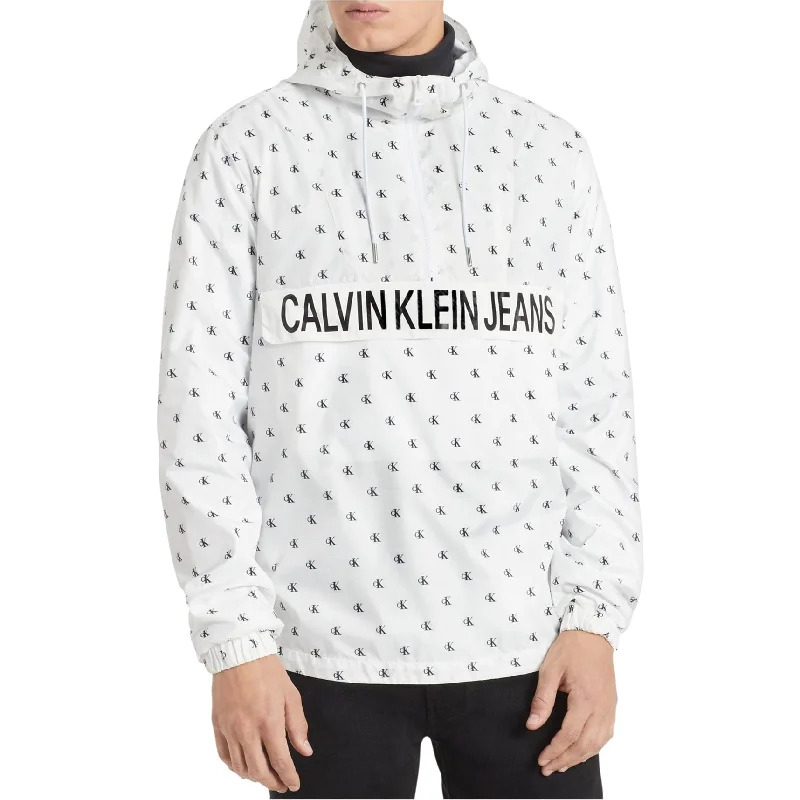 men's jackets with layered insulation-Calvin Klein Mens Monogram Jacket, White, X-Large