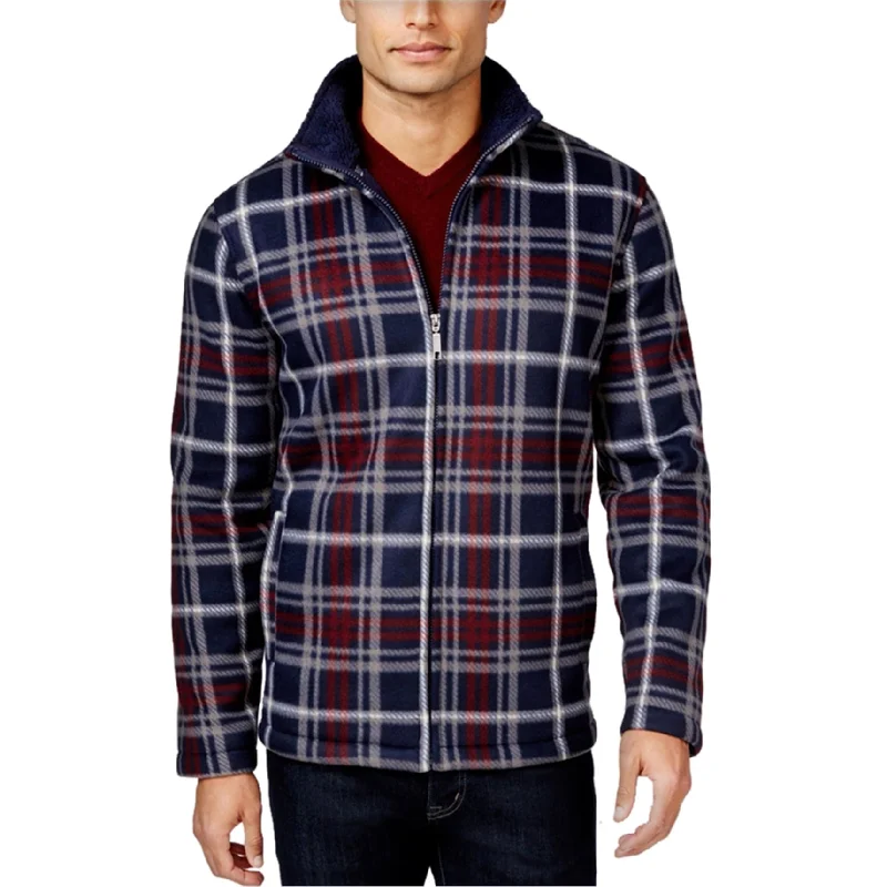 men's winter jackets with faux fur-Club Room Mens Plaid FZ Fleece Jacket, Blue, Big 2X