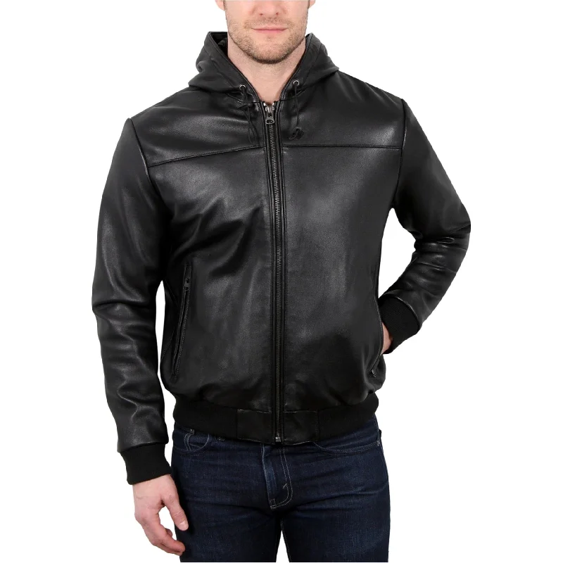 men's stylish outdoor jackets-William Rast Mens Leather Hoodie Jacket, Black, Medium