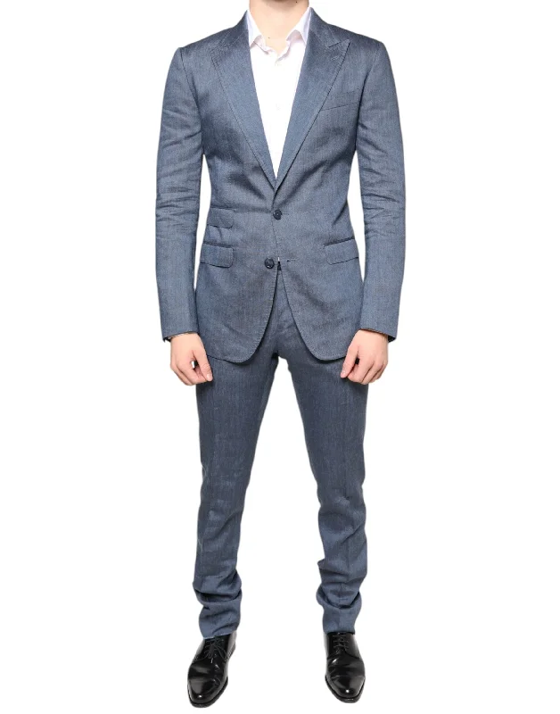 men's jackets with sporty zip details-Dolce & Gabbana blue Linen 2 Piece Single Breasted Men's Suit (Pre-Owned)