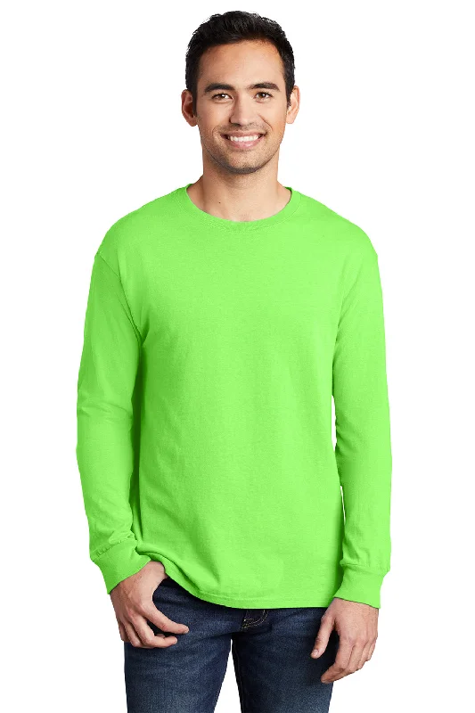 Men’s short-sleeve grit tops-Port & Company Mens Beach Wash Long Sleeve Crewneck T-Shirt - Neon Green