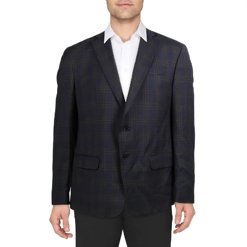 men's jackets with sporty accents-Mens Wool Plaid Two-Button Blazer