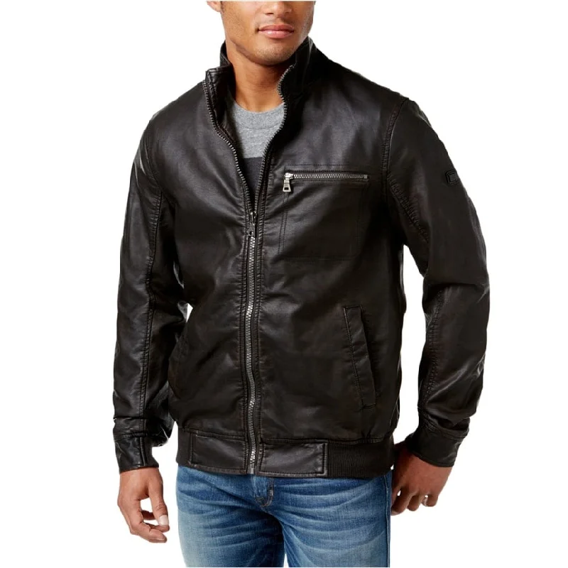 men's jackets with soft inner lining-I-N-C Mens Faux Leather Motorcycle Jacket, Brown, Small