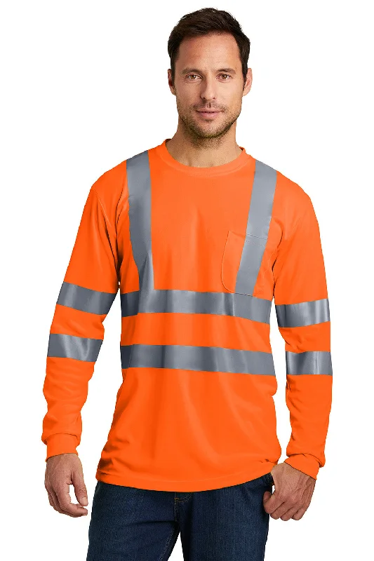 Men’s short-sleeve eave tees-CornerStone Mens Moisture Wicking Long Sleeve Crewneck T-Shirt w/ Pocket - Safety Orange