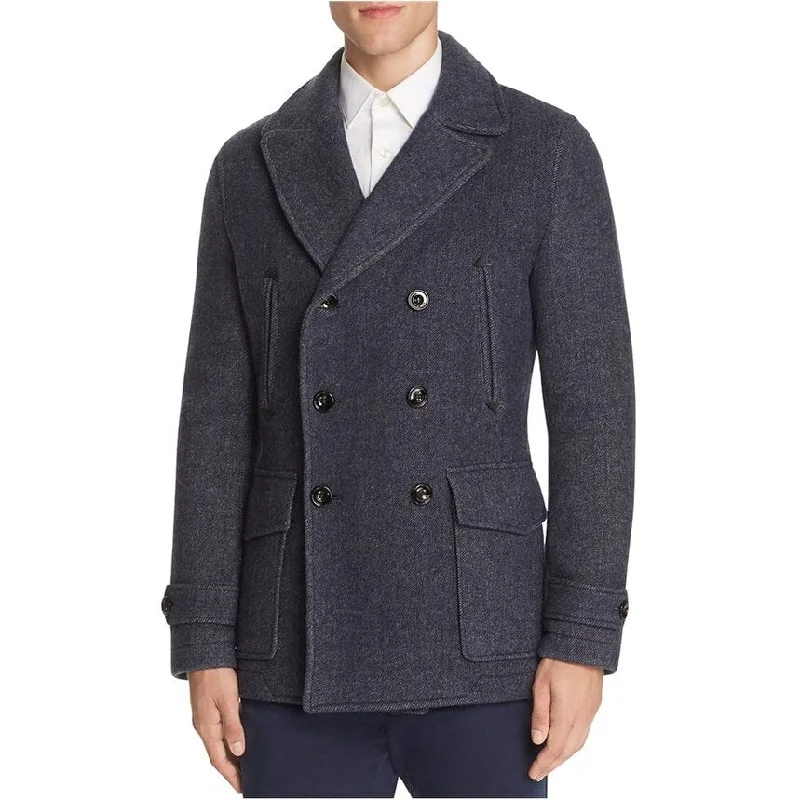 men's jackets with adjustable drawstrings-Hardy Amies Mens Textured Pea Coat, Blue, X-Large