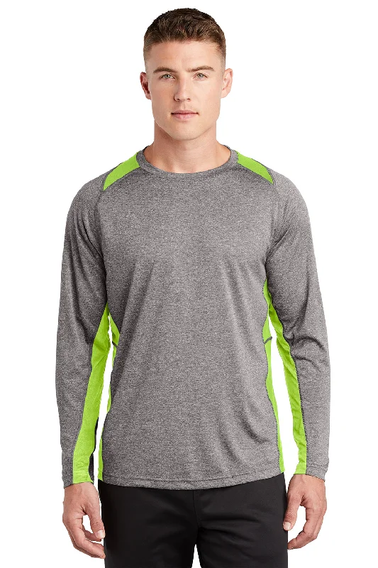 Men’s short-sleeve yoke polos-Sport-Tek Mens Contender Heather Moisture Wicking Long Sleeve Crewneck T-Shirt - Heather Vintage Grey/Lime Shock Green