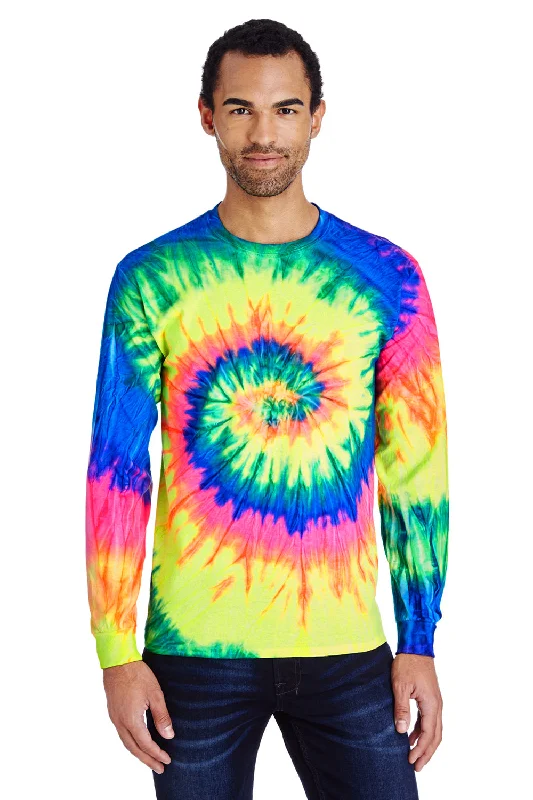 Men’s short-sleeve pelt polos-Tie-Dye Mens Long Sleeve Crewneck T-Shirt - Neon Rainbow