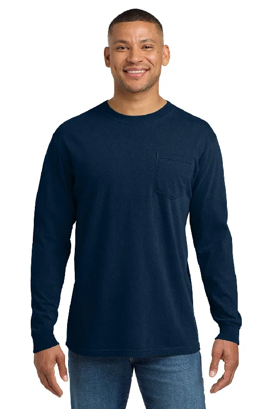 Men’s short-sleeve hiking shirts-Comfort Colors Mens Long Sleeve Crewneck T-Shirt w/ Pocket - True Navy Blue