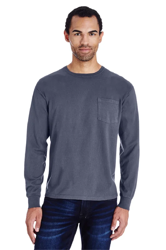 Men’s short-sleeve keel tees-ComfortWash By Hanes Mens Long Sleeve Crewneck T-Shirt w/ Pocket - Anchor Slate Blue