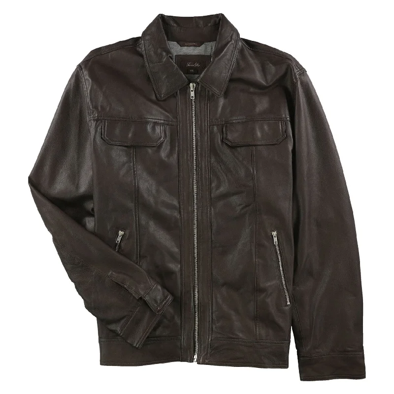 men's jackets with mesh-lined hood-Tasso Elba Mens Leather Motorcycle Jacket, Brown, XX-Large