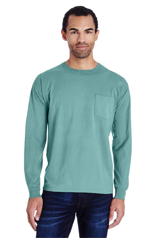 Men’s short-sleeve harp polos-ComfortWash By Hanes Mens Long Sleeve Crewneck T-Shirt w/ Pocket - Spanish Moss Green