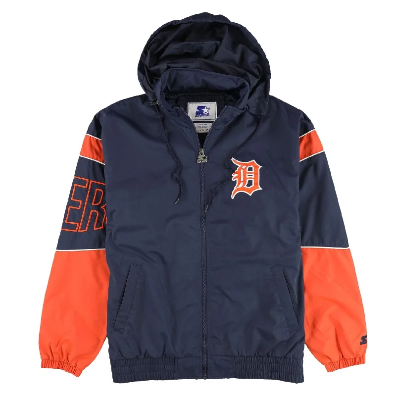 men's zippered puffer jackets-STARTER Mens Detroit Tigers Jacket, Blue, Large