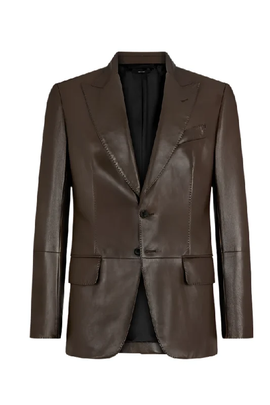 men's jackets for all-weather protection-Tom Ford Mens Shiny Nappa Plonge Sartorial Blazer in Brown