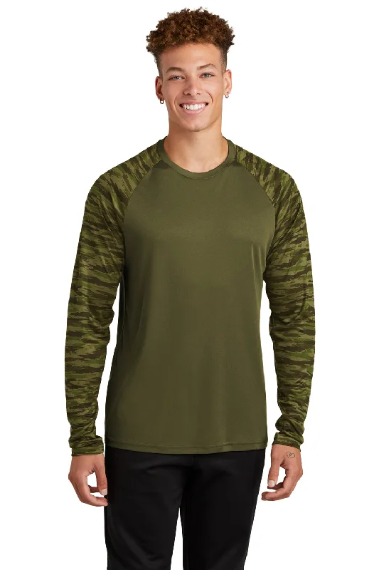 Men’s short-sleeve urge tees-Sport-Tek Mens Drift Camo Colorblock Moisture Wicking Long Sleeve Crewneck T-Shirt - Olive Drab Green