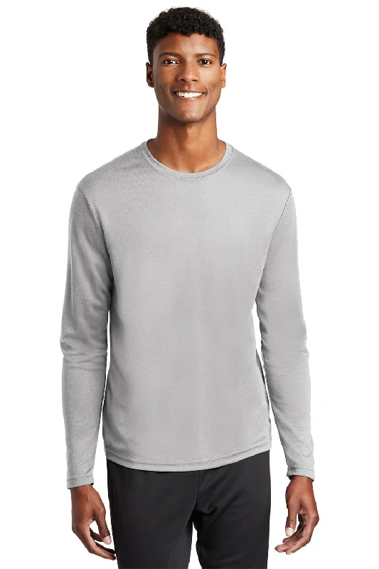 Men’s short-sleeve core polos-Sport-Tek Mens RacerMesh Moisture Wicking Long Sleeve Crewneck T-Shirt - Silver Grey