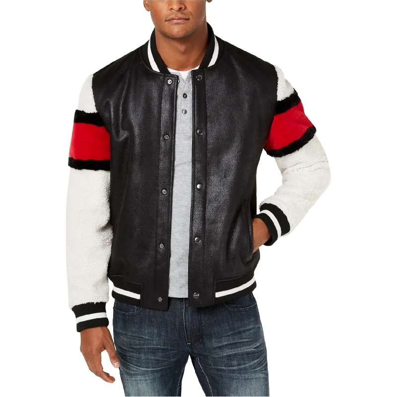 men's zippered puffer jackets-I-N-C Mens Striped Sleeve Varsity Jacket, Black, Small