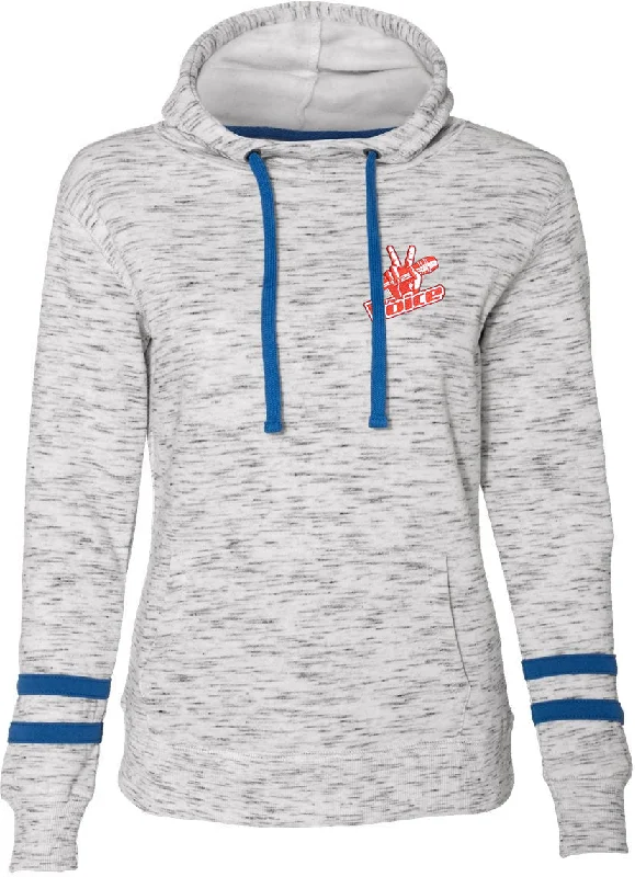 mens hoodie for fall adventures-J America Ladies Mélange Fleece Striped-Sleeve Hooded Sweatshirt