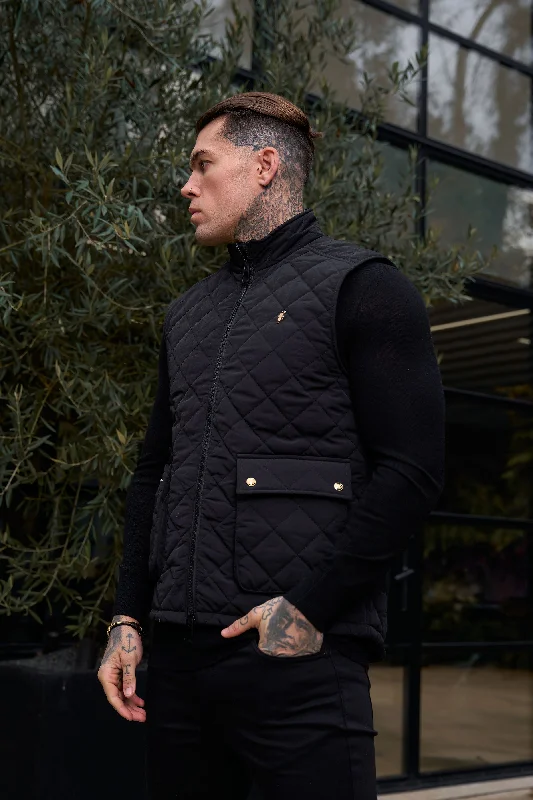 men's jackets with adjustable collar-FS Black Padded Gilet With Front Pockets  - FSN209 (PRE ORDER 14TH DECEMBER)