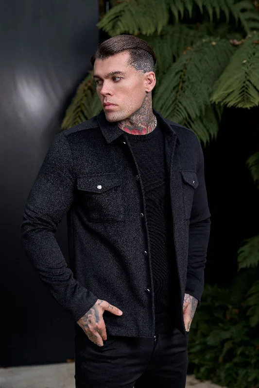 men's jackets for casual everyday wear-FS Brushed Button Up Plain Jacket Black - FSN182 (PRE ORDER 15TH DECEMBER)