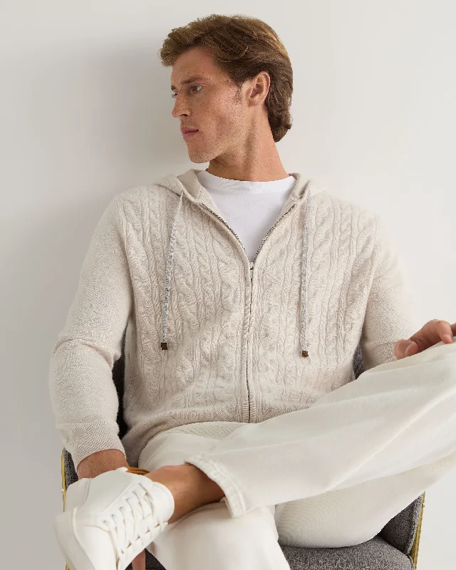 mens hoodie with full front zipper-Men's Fulham Cable Zip Cashmere Hoodie Frost White