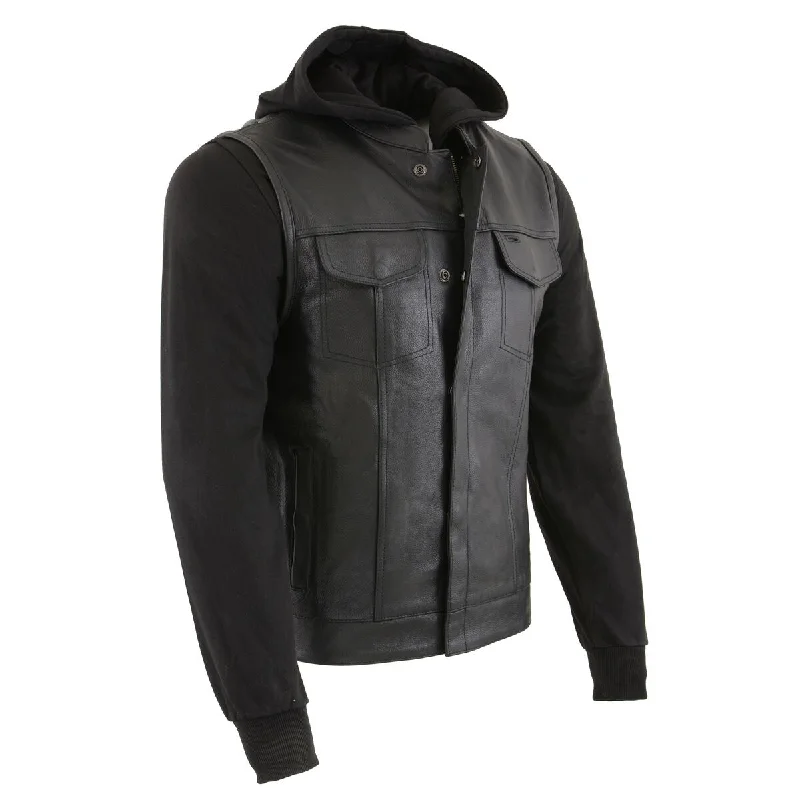 mens hoodie for warm mornings-Milwaukee Leather LKM3714 Men's Black Club Style '2 in 1' Zipper Vest with Full Sleeve Hoodie and Quick Draw Pocket