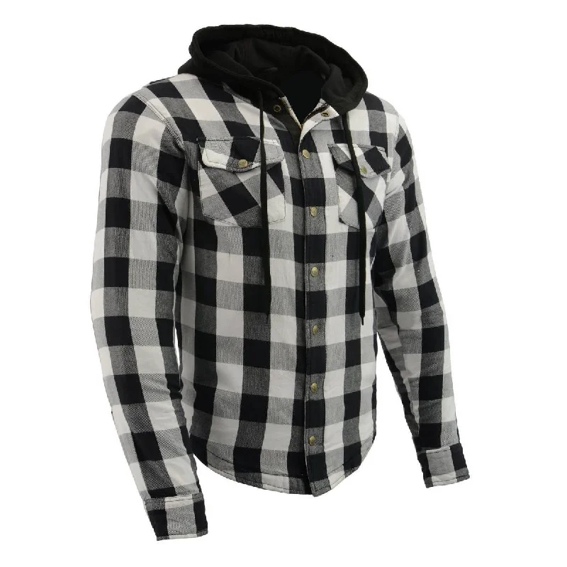 mens hoodie with outdoor wear style-Milwaukee Leather MPM1629 Men's Plaid Hooded Flannel Biker Shirt with CE Approved Armor - Reinforced w/ Aramid Fibers