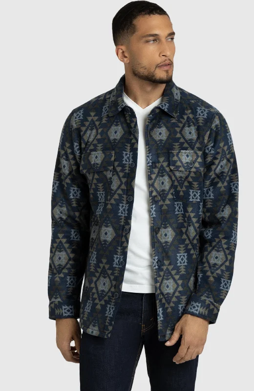 men's jackets with oversized pockets-Navy Aztec Polar Fleece Shirt Jacket