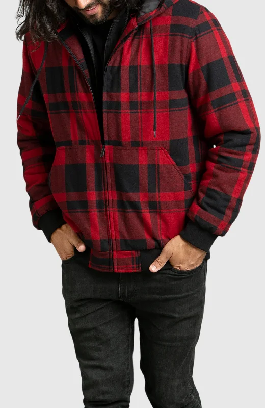 men's jackets for casual everyday wear-Red Hooded Flannel Bomber Jacket