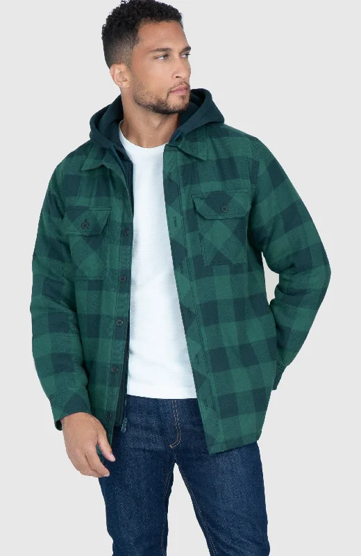 men's jackets for extreme outdoor sports-Sea Green Hooded Flannel Shirt Jacket