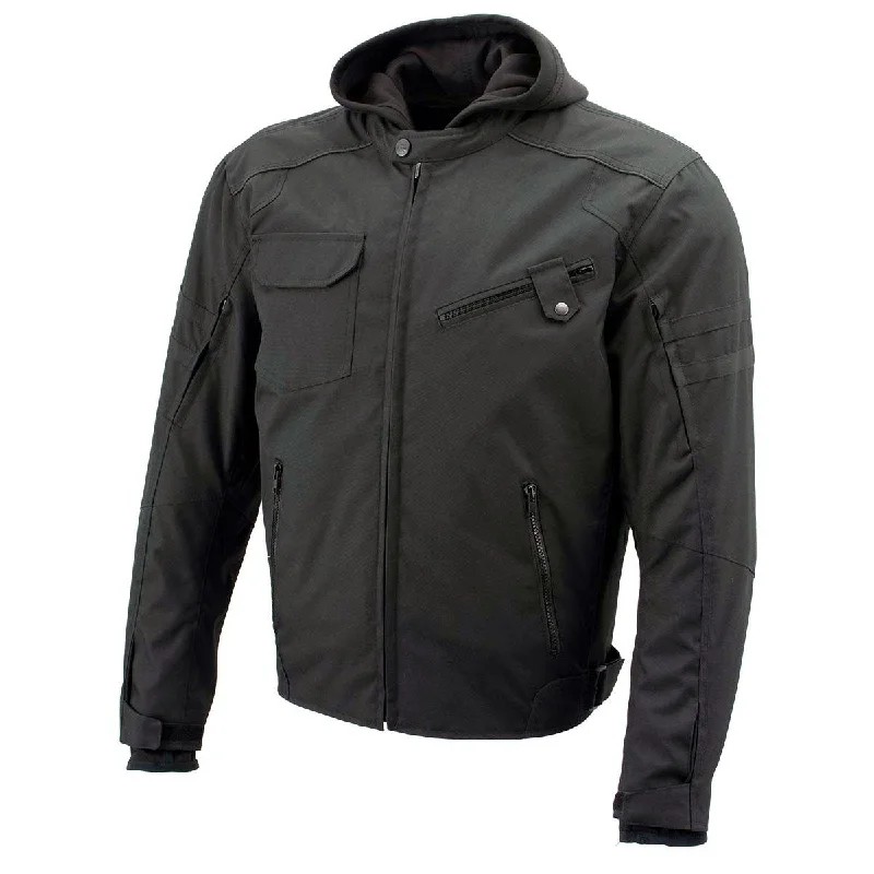 mens hoodie for fall adventures-Xelement B91022 Men's 'Flight' Black Textile Jacket with X-Armor and Removable Hoodie