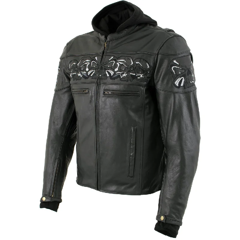 mens hoodie with sleek athletic style-Xelement XS1504 Men's ‘Futile’ Black Leather CE Armored Motorcycle Hooded Jacket with Reflective Skulls