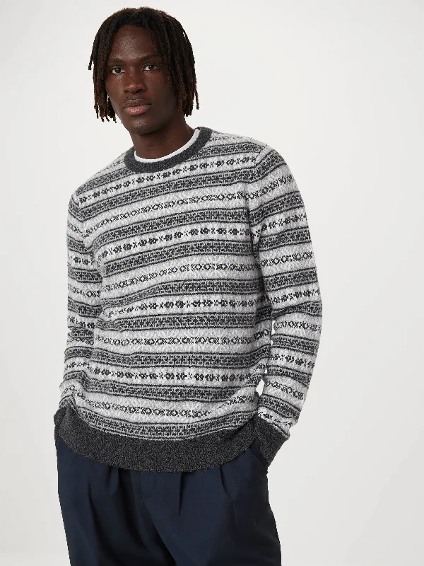 Men's ebony sweater-The Seawool® Fair Isle Crewneck in Grey Black