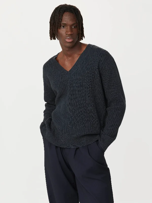 Men's horizontal stripe sweater-The Ribbed Lambswool V-Neck Sweater in Slate Grey