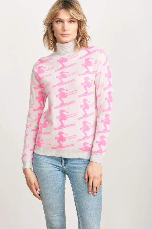 Men's pilot knit sweater-All Over Cashmere Ski Roll Neck in Fog and Neon Pink