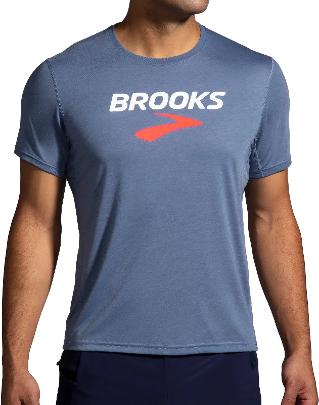 Men’s short-sleeve vane tops-Brooks Distance Graphic Short Sleeve Mens Running Top - Blue