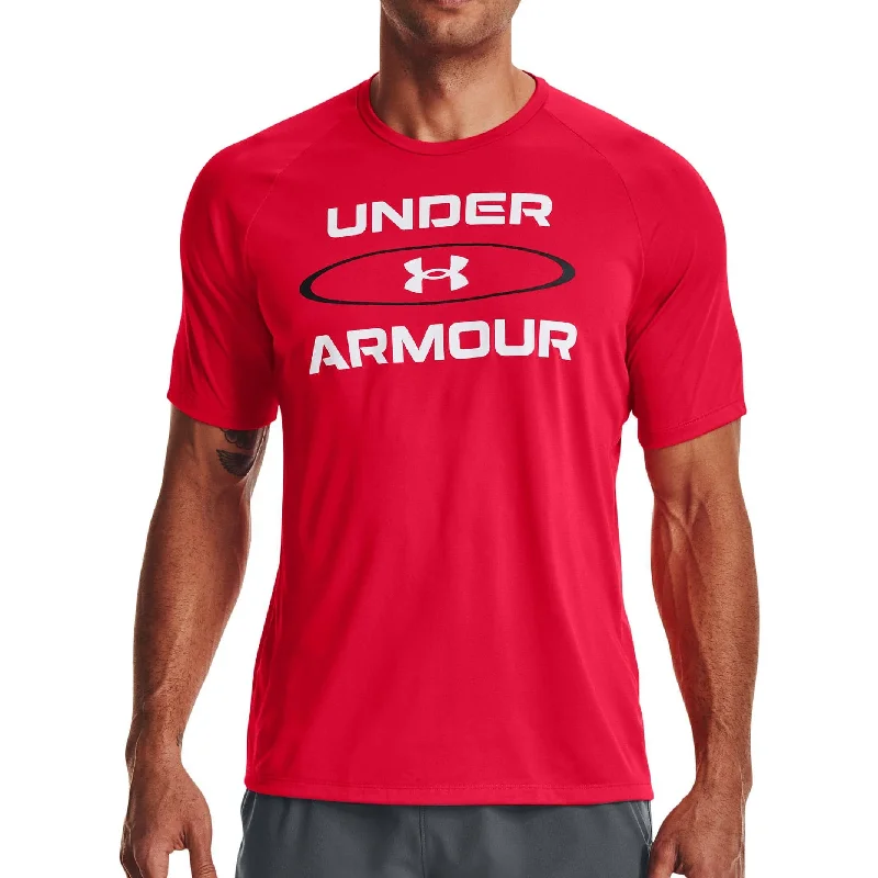 Men’s short-sleeve tonal polos-Under Armour Tech 2.0 Wordmark Graphic Short Sleeve Mens Training Top - Red