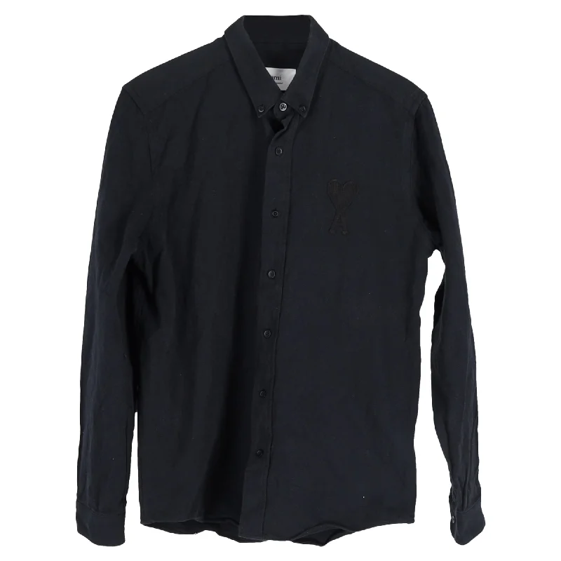 Men's formal spread-collar shirts-Ami De Coeur Big Logo-Embroidered Lone Sleeve Shirt in Black Cotton