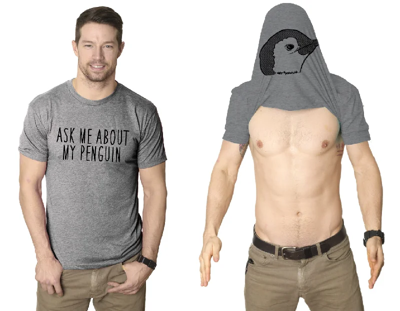 Men’s short-sleeve zany tops-Ask Me About My Penguin Flip Men's Tshirt