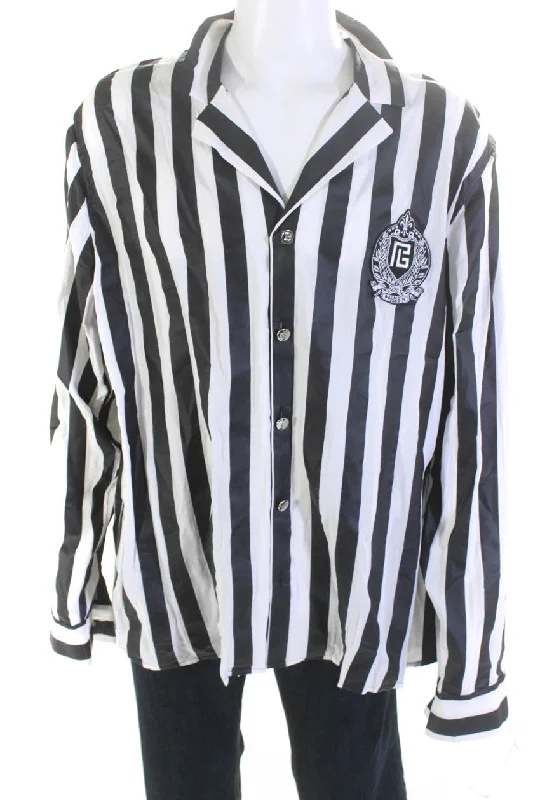 Men's bold chevron shirts-Balmain Mens Button Front Logo Coated Striped Shirt Black White