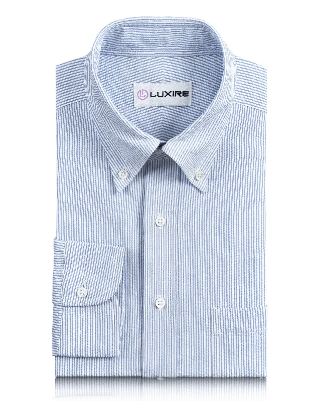 Men's stylish mandarin shirts-Blue Dress Stripes Seersucker Shirt