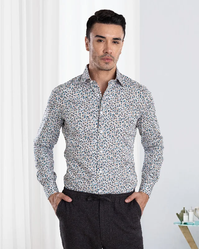 Men's classic roll-tab shirts-Blue Fine Floral Prints on White Shirt