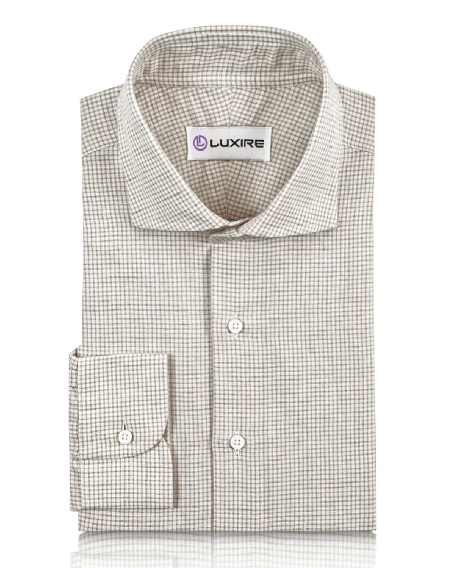 Men's trendy draped shirts-Cotton Linen: Fade Brown Graph Checks On White Shirt