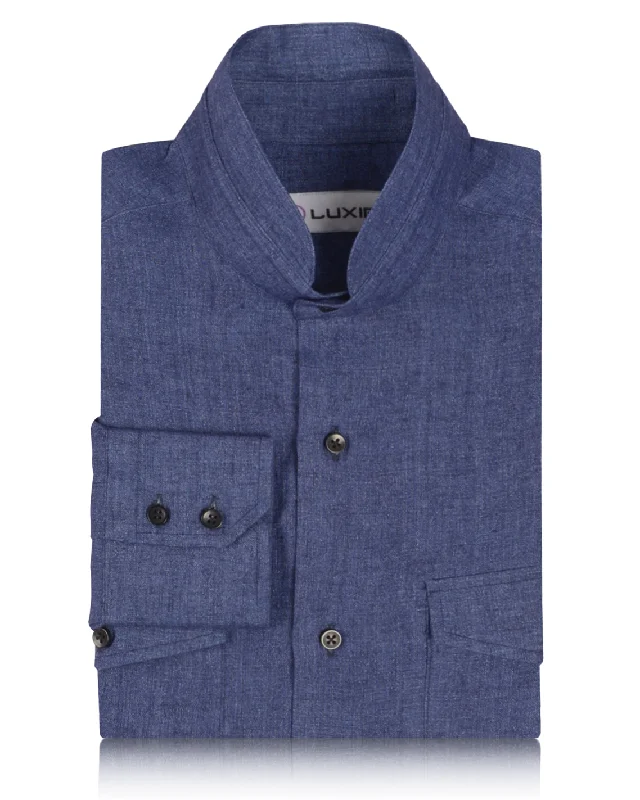 Men's bold mosaic shirts-Denim Indigo plain Linen