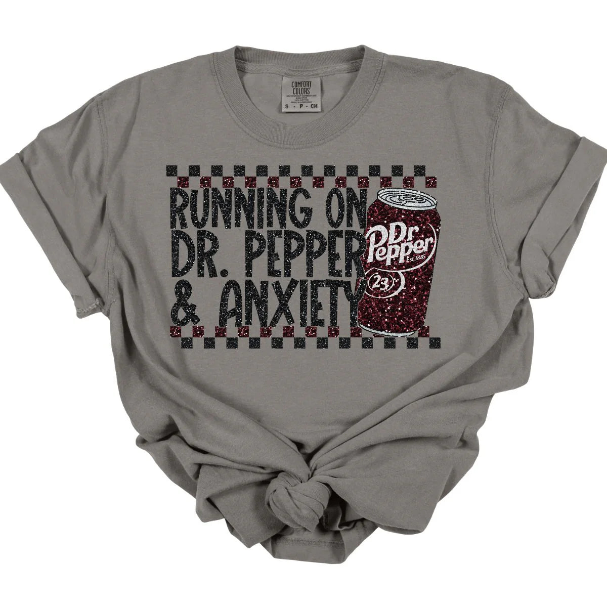 Men’s short-sleeve dote tops-Dr. Pepper + Anxiety Faux Glitter Tee *MADE TO ORDER*