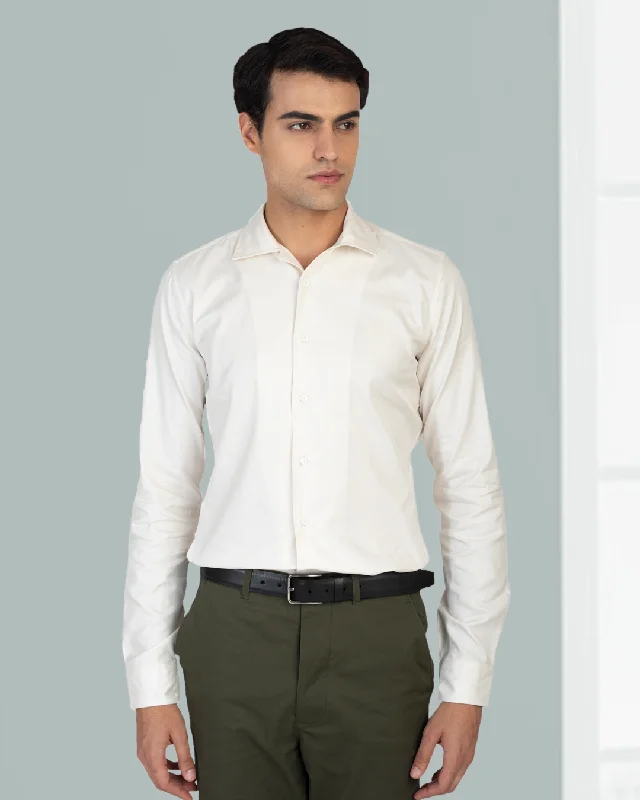 Men's elegant peaked shirts-Ecru Herringbone Self Stripes