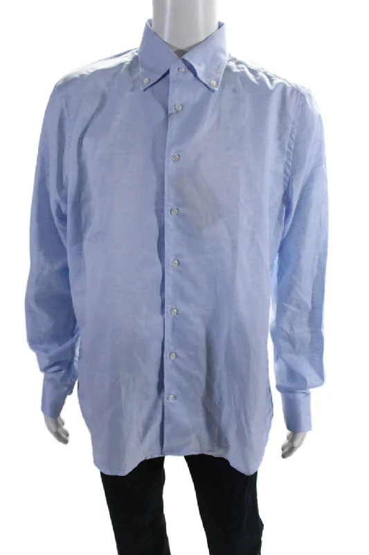 Men's formal notched-collar shirts-Emanuel Berg Mens Cotton Blend Collared Long Sleeve Button Up Shirt Blue