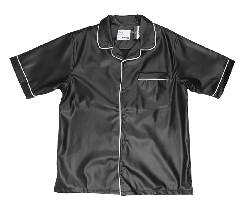 Men's trendy fitted shirts-EPTM S/S PU LEATHER BUTTON DOWN SHIRT BLACK - DOWNTOWN UP