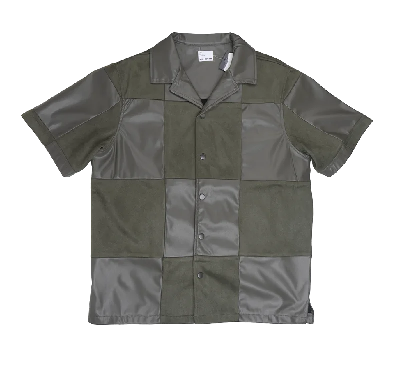 Men's relaxed cord shirts-EPTM S/S PU LEATHER BUTTON DOWN SHIRT OLIVE - CHECKER